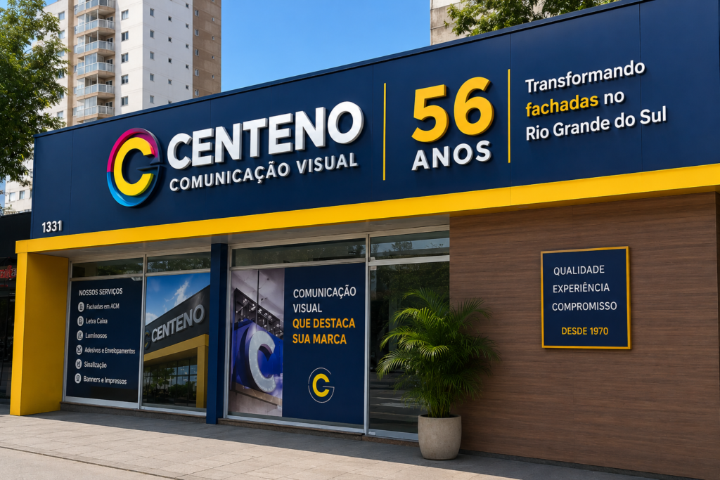 Fachada comercial moderna da empresa Centeno Comunicação Visual. A estrutura possui um painel principal em ACM azul-escuro com acabamentos em amarelo, destacando a letra caixa iluminada com o nome da marca, o logotipo colorido e a frase "56 ANOS - Transformando fachadas no Rio Grande do Sul". As vitrines de vidro exibem adesivos com a lista de serviços e imagens de portfólio. À direita, há uma parede com revestimento amadeirado e uma placa com as palavras "Qualidade, Experiência, Compromisso - Desde 1970".