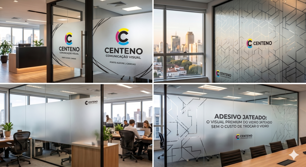 Mosaico com quatro fotos de ambientes corporativos modernos exibindo diferentes aplicações de adesivo jateado em divisórias e portas de vidro. O logotipo da Centeno Comunicação Visual — composto por uma letra C estilizada nas cores amarelo, magenta, ciano e preto — aparece aplicado nas películas foscas, destacando opções com padrões geométricos, faixas de privacidade e frases recortadas.