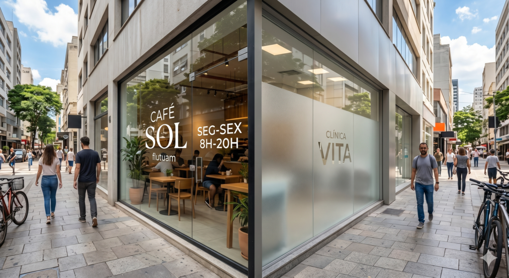 Fachada comercial de esquina mostrando a diferença entre adesivo transparente e adesivo fosco em vitrines de vidro. À esquerda, a vitrine transparente do Café Sol revela o interior da cafeteria com mesas e clientes. À direita, a vitrine da Clínica Vita utiliza adesivo fosco parcial para garantir privacidade, mantendo o topo do vidro transparente.
