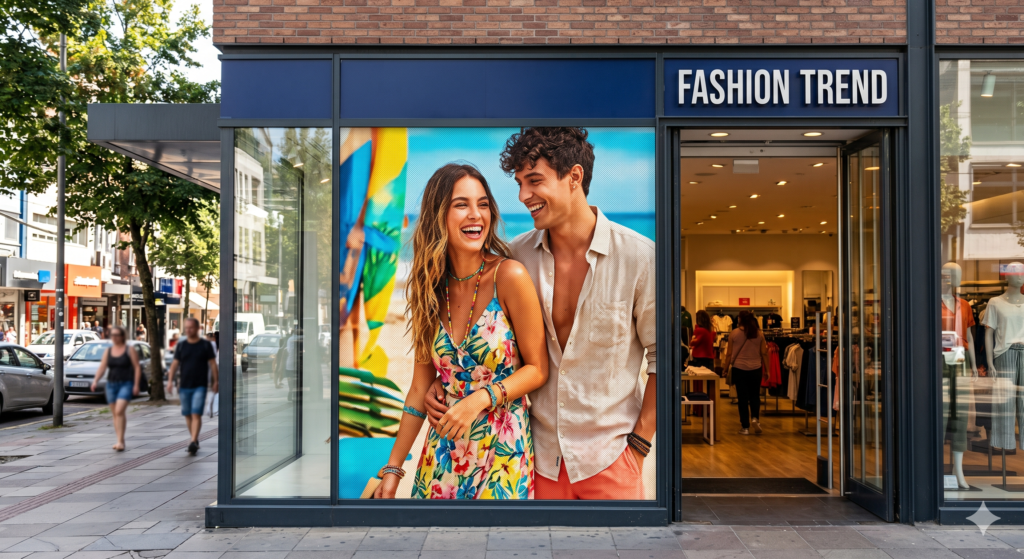 Fachada de uma loja de roupas chamada Fashion Trend com um grande adesivo perfurado aplicado no vidro da vitrine. O adesivo exibe a foto de um casal sorrindo em uma campanha de verão com fundo de praia. Ao lado, a porta aberta da loja revela o interior iluminado com araras e produtos.