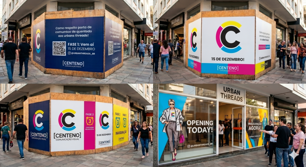 Montagem de quatro fotos mostrando as fases de marketing de pré-inauguração da loja 'Urban Threads'. Tapumes de madeira em uma esquina movimentada exibem adesivos de sinalização produzidos pela Centeno Comunicação Visual nas cores magenta, ciano, amarelo e azul-escuro. Os adesivos mostram contagem regressiva, QR Code e a data de inauguração. A última imagem revela a vitrine da loja pronta com o adesivo removido.