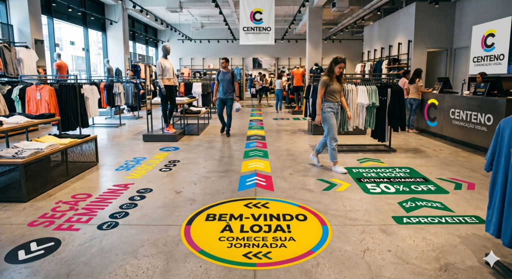 Fotografia do interior de uma loja de roupas moderna mostrando a aplicação prática de adesivos de sinalização no chão de cimento queimado. No primeiro plano, um grande adesivo circular amarelo com bordas coloridas diz "Bem-vindo à loja! Comece sua jornada". Setas coloridas no chão direcionam o fluxo de clientes. À esquerda, há textos indicando as seções feminina e masculina; à direita, adesivos verdes destacam uma promoção de 50% de desconto. O logotipo oficial da Centeno Comunicação Visual — a letra C estilizada nas cores ciano, magenta, amarelo e preto — aparece aplicado em banners suspensos, painéis na parede e no balcão de atendimento.
