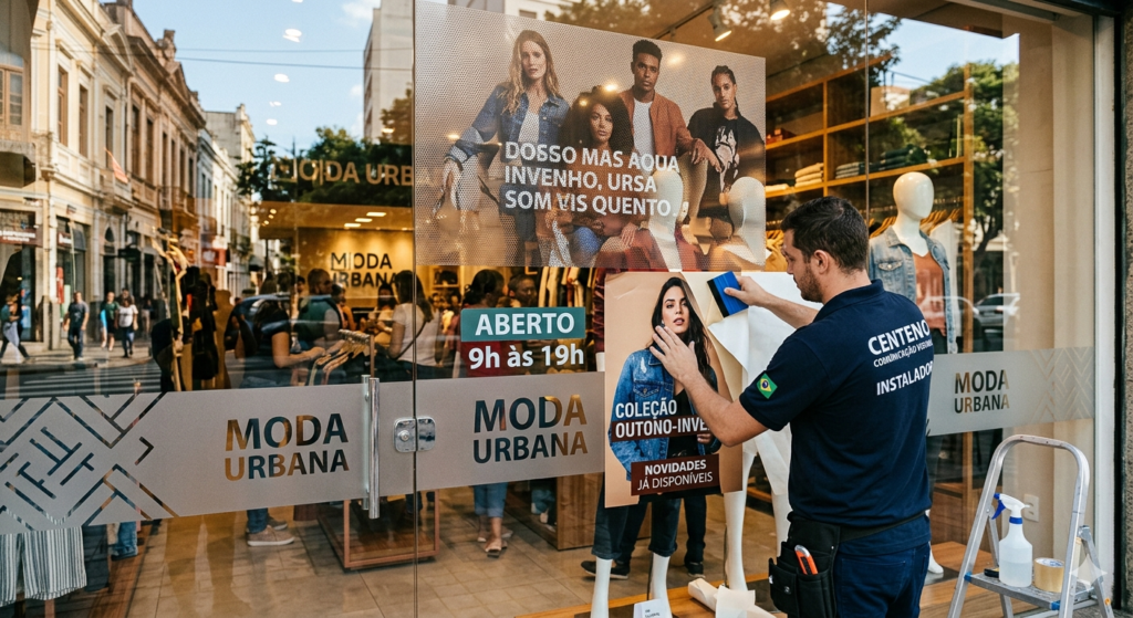 Profissional da Centeno Comunicação Visual, de costas, aplicando um adesivo de campanha "Coleção Outono-Inverno" com uma espátula azul na vitrine de vidro de uma loja chamada "Moda Urbana". A vitrine já possui outros elementos aplicados, como um adesivo jateado com a marca e uma imagem superior com efeito perfurado. Ao fundo, vê-se o interior iluminado da loja com manequins e araras.
