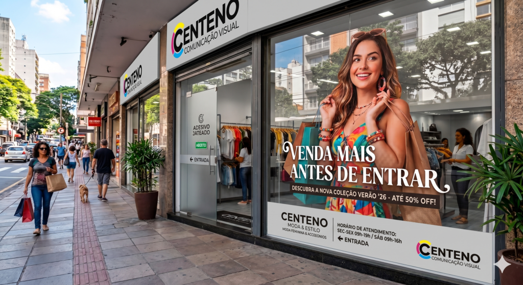 Fachada da loja Centeno Comunicação Visual com uma ampla vitrine de vidro exibindo um adesivo impresso de grande impacto. No adesivo, há a foto de uma mulher sorridente segurando sacolas de compras e o texto em destaque "Venda Mais Antes de Entrar". Acima da entrada e na parte inferior da vitrine, destaca-se o logotipo atualizado da Centeno, composto pelas palavras em preto e um símbolo circular nas cores ciano, magenta e amarelo. Ao fundo, pedestres caminham pela calçada de uma rua movimentada.