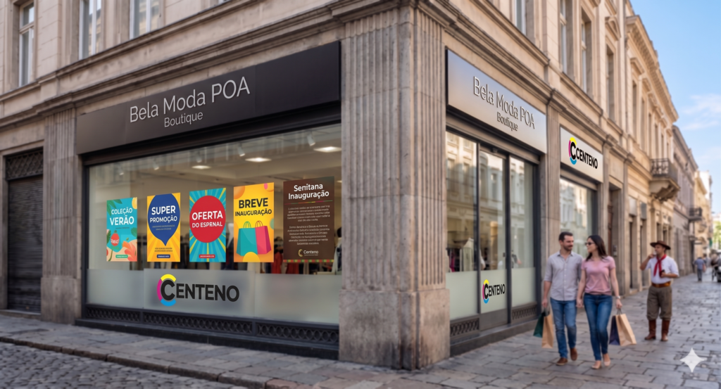 Vista externa de uma loja de roupas feminina de esquina chamada 'Bela Moda POA', localizada em um prédio histórico com fachada de pedra e calçada de paralelepípedos. A vitrine de vidro exibe vários adesivos promocionais coloridos em formato de cartazes e um grande adesivo jateado com a nova logo da Centeno (C, M, Y). Um casal caminha na calçada com sacolas de compras em direção à entrada, e um homem vestido de gaúcho (traje tradicional) caminha ao fundo da rua.