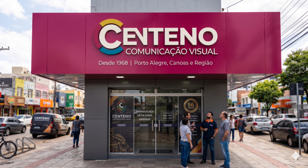 Fachada de esquina comercial moderna com a nova identidade visual da Centeno Comunicação Visual. A estrutura exibe uma testeira branca limpa com iluminação em LED embutida de tom dourado quente. No letreiro principal, destaca-se o novo logotipo com arco colorido em degradê (rosa, amarelo e azul). À esquerda, há um totem vertical branco contendo um QR Code para integração digital e o logotipo atualizado. Na parede lateral externa, um display digital exibe o título informativo "Tudo Sobre Comunicação Visual".