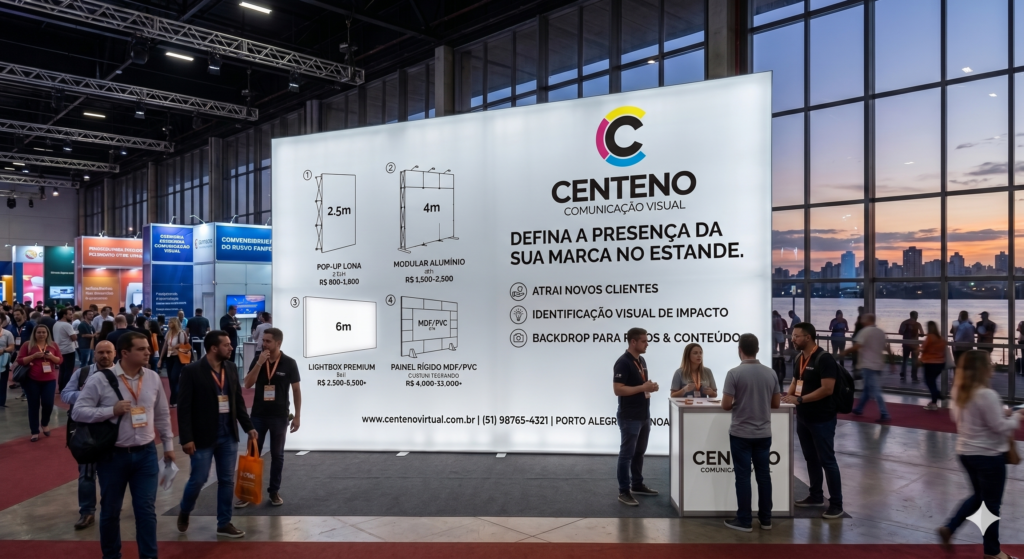 Fotografia de um estande de eventos da Centeno Comunicação Visual em um pavilhão de feiras de negócios. No centro, destaca-se um grande painel backwall iluminado em branco, exibindo o novo logotipo da marca com a letra "C" nas cores ciano, magenta, amarelo e preto (CMYK). O painel apresenta infográficos com opções de tamanhos e preços de backwalls (pop-up, modular, lightbox e MDF) alinhados com o texto do artigo. Pessoas circulam pelo pavilhão e interagem no balcão de atendimento à direita. Ao fundo, grandes janelas de vidro mostram o entardecer em uma cidade à beira-rio.