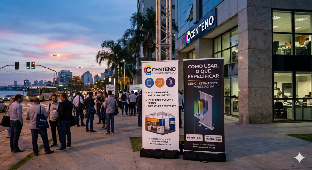 Estande da Centeno Comunicação Visual em evento corporativo à noite, exibindo dois banners roll-up com design estratégico e impressão UV, além de uma estrutura de boox ao fundo e attendees.
