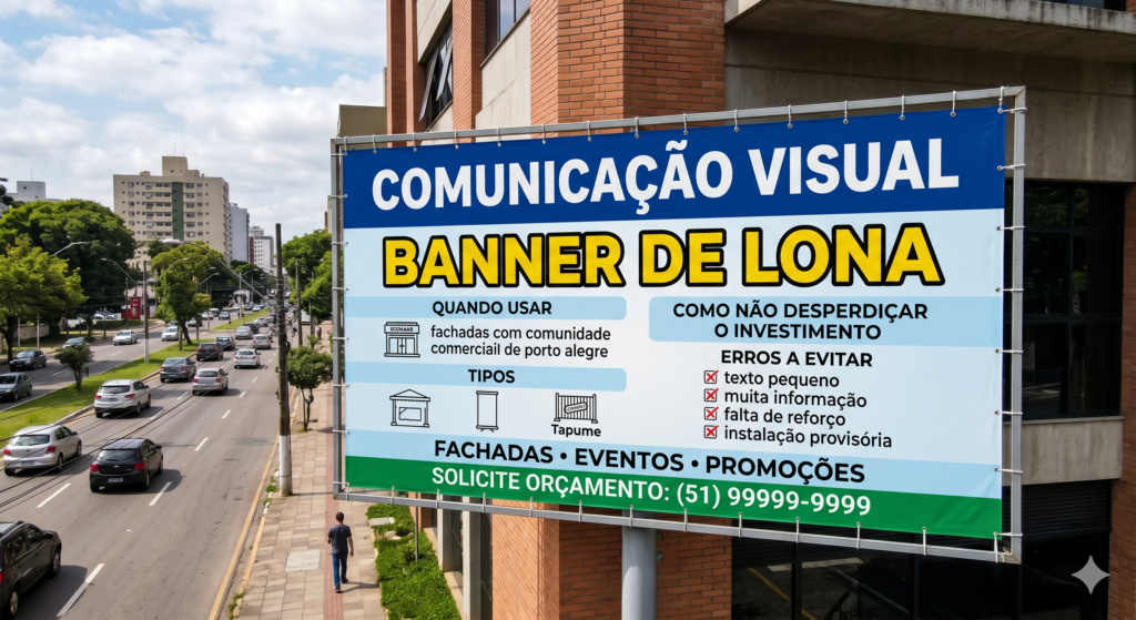 Banner de lona gigante instalado na fachada de um edifício comercial de tijolos à vista, ao lado de uma avenida movimentada. O banner possui fundo branco com faixas azul e verde e exibe os textos em destaque: "COMUNICAÇÃO VISUAL", "BANNER DE LONA". Abaixo, apresenta tópicos sobre "Quando usar", "Tipos", "Como não desperdiçar o investimento", "Erros a evitar" e uma lista com "texto pequeno", "muita informação", "falta de reforço" e "instalação provisória". Na base verde, lê-se "FACHADAS • EVENTOS • PROMOÇÕES" e "SOLICITE ORÇAMENTO: (51) 99999-9999"