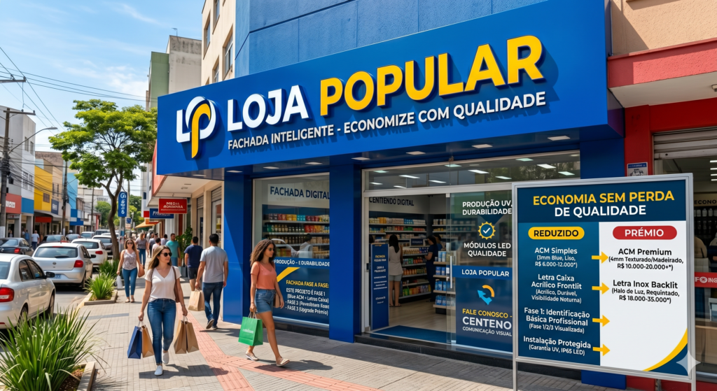 Fachada comercial moderna em ACM azul da "Loja Popular", com letreiro em letra caixa amarela e branca sob a luz do dia. Pedestres caminham pela calçada movimentada em frente à loja. Em primeiro plano, à direita, há um totem informativo que compara opções de materiais econômicos e premium para comunicação visual, destacando a assinatura da Centeno Comunicação Visual.