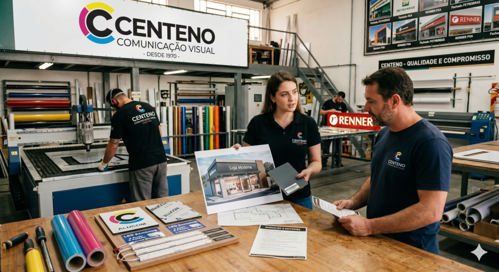 Fotografia do interior da fábrica da Centeno Comunicação Visual. No painel ao fundo e nos uniformes pretos dos funcionários, destaca-se o logotipo moderno da empresa com as cores do processo CMYK (ciano, magenta, amarelo e preto). No centro, uma profissional e um cliente conversam sobre um projeto impresso em cima de uma mesa de madeira texturizada, cercados por maquinários industriais, bobinas de adesivos coloridos e ferramentas de produção.