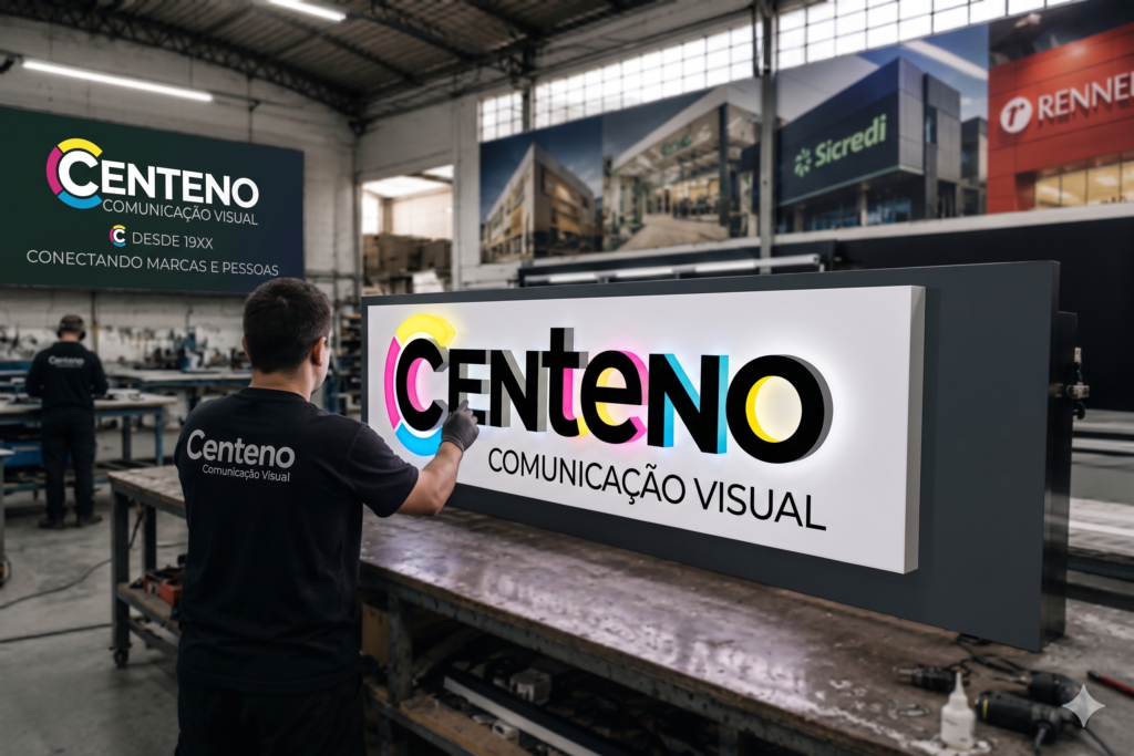 Funcionário de costas trabalhando na fabricação própria de uma placa de sinalização luminosa com a marca Centeno Comunicação Visual dentro de um galpão industrial. Ao fundo, painéis com logotipos de clientes como Sicredi e Lojas Renner.