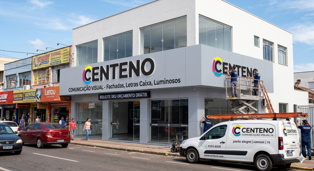 Foto da fachada da empresa Centeno Comunicação Visual em Porto Alegre. O prédio moderno de dois andares exibe a nova identidade visual com letreiro em letra caixa preta e o logotipo circular em CMYK (amarelo, magenta e ciano) na letra "C". Técnicos em uma plataforma elevatória realizam a instalação do letreiro lateral. Em primeiro plano, uma van branca exibe o novo logotipo e informações de contato da empresa.