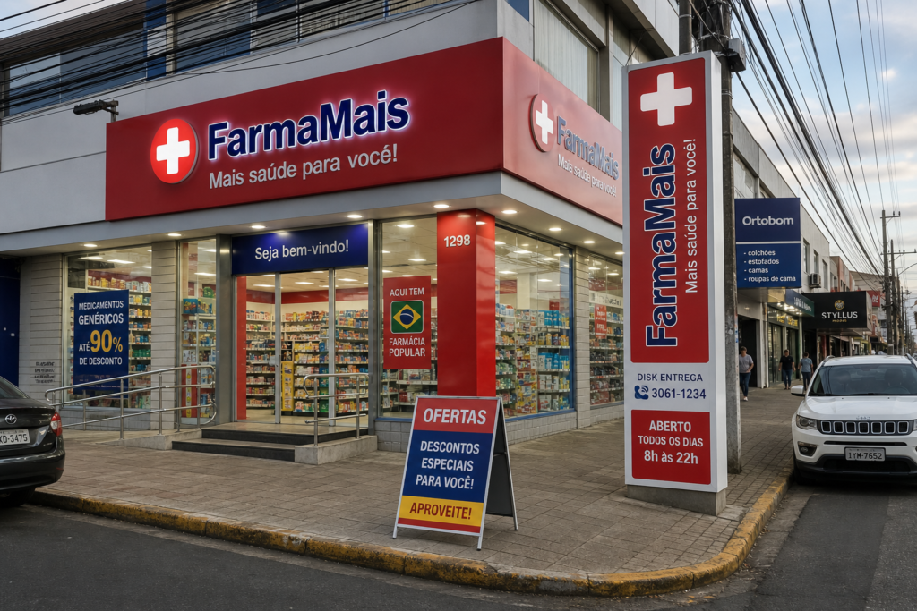 Fotografia da fachada de uma farmácia de esquina chamada "FarmaMais". O estabelecimento possui uma identidade visual moderna nas cores vermelho, azul e branco. Destacam-se o painel luminoso vermelho na fachada com letras caixa iluminadas, um grande totem vertical vermelho e branco na calçada detalhando serviços e horários, uma placa de cavalete com ofertas em frente à entrada de vidro e sinalizações internas visíveis pelas vitrines transparentes.