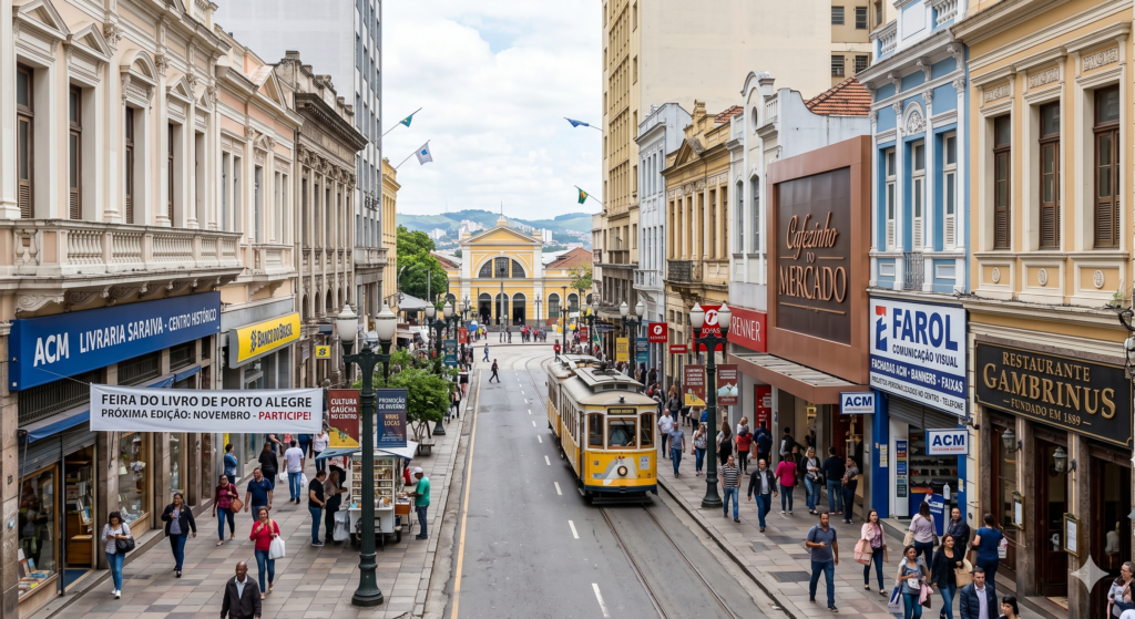 Vista aérea de uma rua movimentada no Centro Histórico de Porto Alegre, mostrando a aplicação de diferentes soluções de comunicação visual em fachadas de prédios comerciais e históricos preservados. À direita, destacam-se letreiros instalados respeitando a arquitetura, como o painel em ACM azul da "Farol Comunicação Visual", além de marcas tradicionais como o Restaurante Gambrinus e o Cafezinho do Mercado. Um bonde elétrico circula pelos trilhos centrais da via enquanto pedestres caminham pelas calçadas.