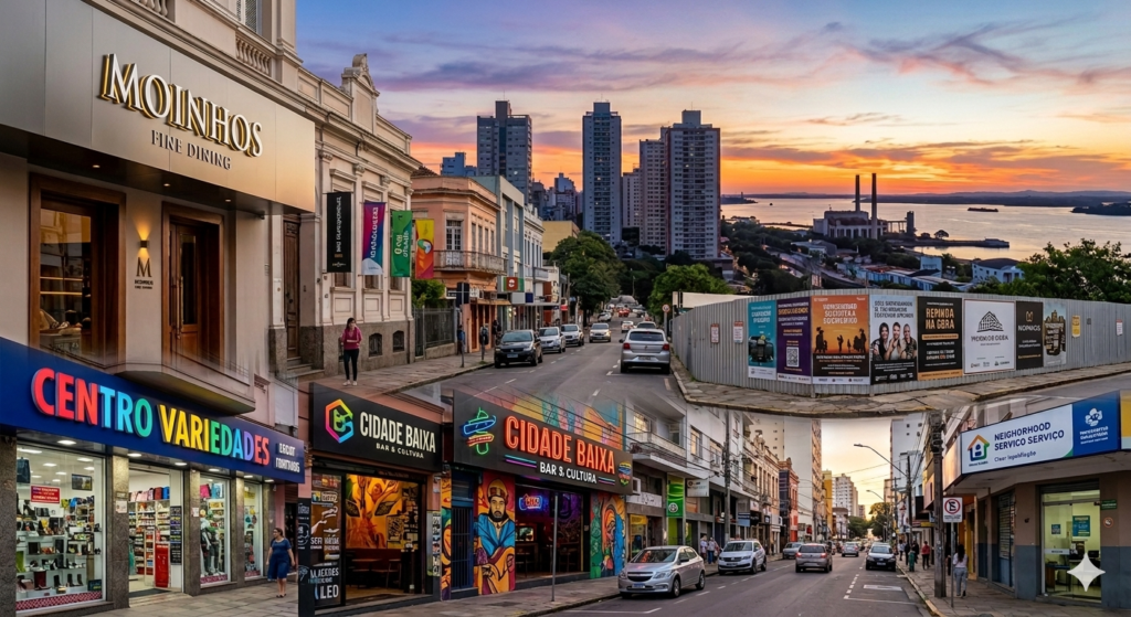 Colagem digital mostrando fachadas comerciais de diferentes bairros de Porto Alegre ao entardecer. À esquerda, uma loja sofisticada no Moinhos de Vento com letreiro 'Moinhos Fine Dining' e uma loja colorida chamada 'Centro Variedades'. Ao centro, o comércio noturno da Cidade Baixa e uma vista da orla do Guaíba com a Usina do Gasômetro ao fundo. À direita, tapumes de obra com anúncios e uma fachada de serviços na Zona Norte.