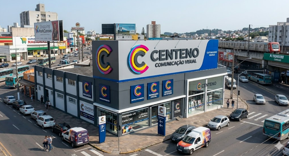 Fachada comercial moderna da Centeno Comunicação Visual em Canoas, RS. Prédio de esquina com letreiros em ACM cinza e azul, destacando o novo logotipo com a letra C em semicírculos coloridos (rosa, amarelo e azul), a inscrição "Centeno Comunicação Visual" em letra caixa e sinalizações de serviços como Impressão UV, Corte CNC e Envelopamento. Ao fundo, vista urbana com o trem da Trensurb e o Supermercado Nacional.