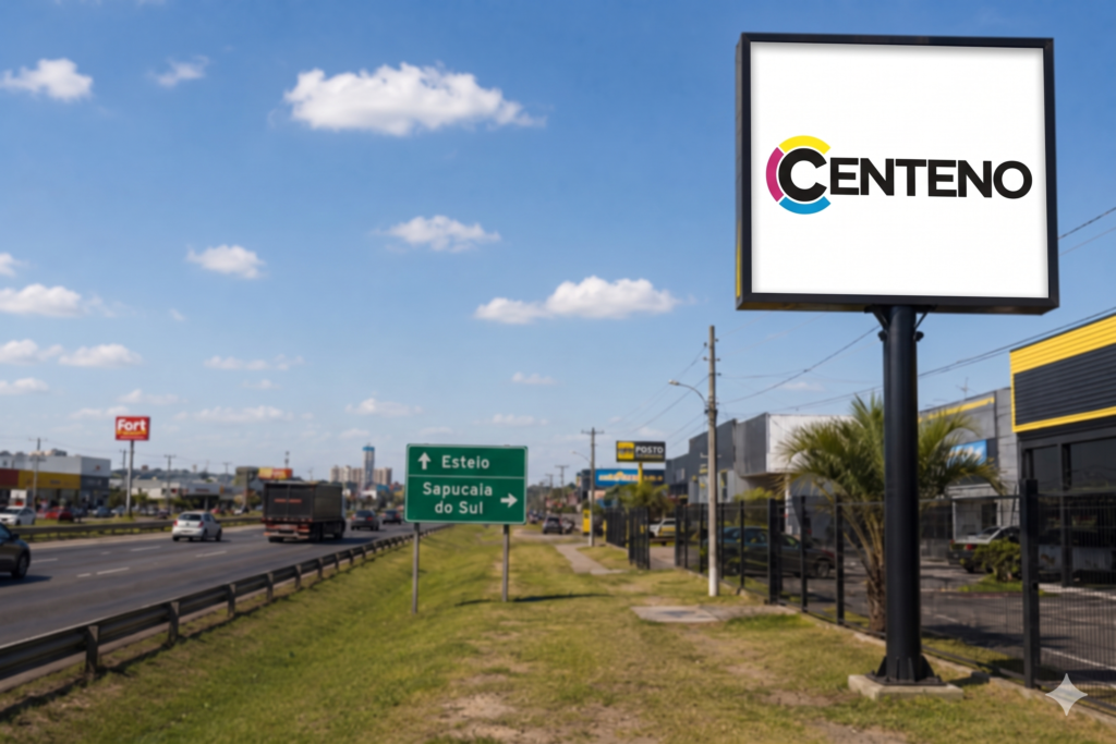 Totem de comunicação visual da Centeno com fundo branco e logotipo colorido (letras pretas com arco em ciano, magenta e amarelo) posicionado às margens da rodovia BR-116, com placa verde ao fundo indicando a direção para Esteio e Sapucaia do Sul sob céu azul com nuvens.