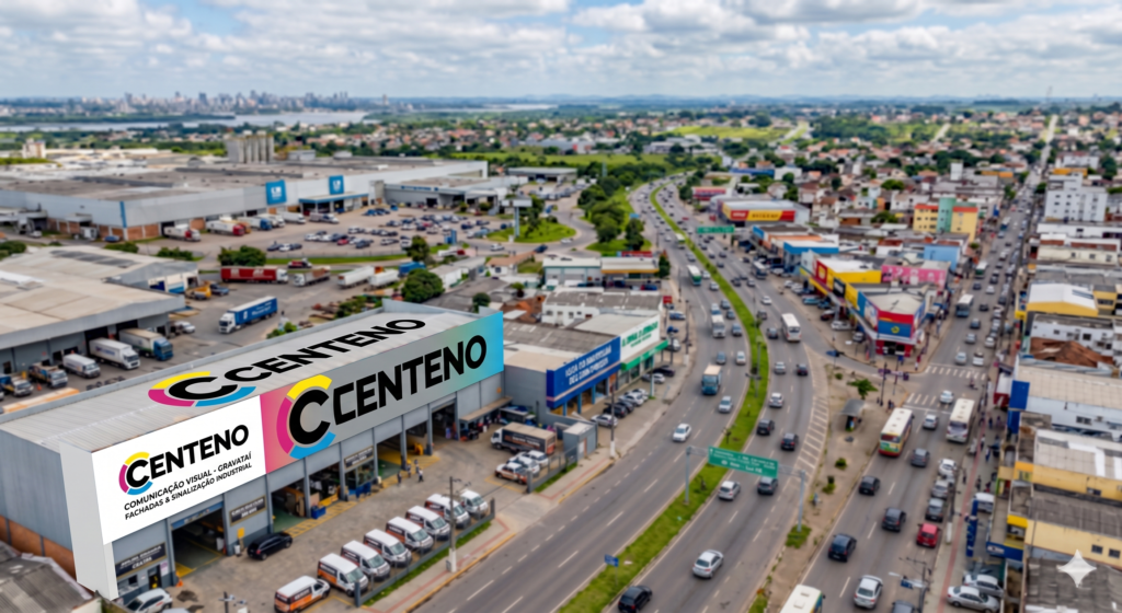 Vista aérea de uma grande avenida movimentada na cidade industrial de Gravataí. No canto esquerdo inferior, destaca-se o galpão da empresa Centeno com uma fachada atualizada em tons de branco e degradê azul, exibindo o novo logotipo da marca em preto, rosa, amarelo e azul, acompanhado do texto "COMUNICAÇÃO VISUAL - GRAVATAÍ" e "FACHADAS & SINALIZAÇÃO INDUSTRIAL". Uma fileira de vans brancas adesivadas da empresa está estacionada em frente ao prédio. Ao fundo, vê-se a paisagem urbana com indústrias, residências e o horizonte sob um céu com nuvens.