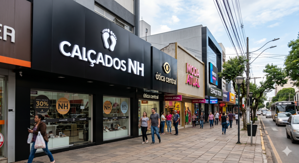 Fotografia em ângulo aberto de uma rua comercial movimentada em Novo Hamburgo, simulando o Calçadão da cidade. Em destaque, fachadas modernas de lojas com letreiros em ACM preto, letras caixa iluminadas brancas onde se lê "Calçados NH" e "Ótica Central", além de vitrines adesivadas. Pedestres caminham pela calçada de blocos de concreto e carros passam pela avenida ao lado.