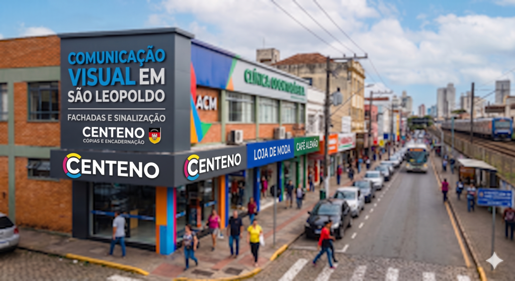 Fachada de prédio comercial moderno com letreiro em ACM cinza escuro escrito "Comunicação Visual em São Leopoldo - Fachadas e Sinalização" com o logotipo da Centeno Copias e Encadernação em destaque, em uma rua movimentada com carros e pedestres na cidade de São Leopoldo.