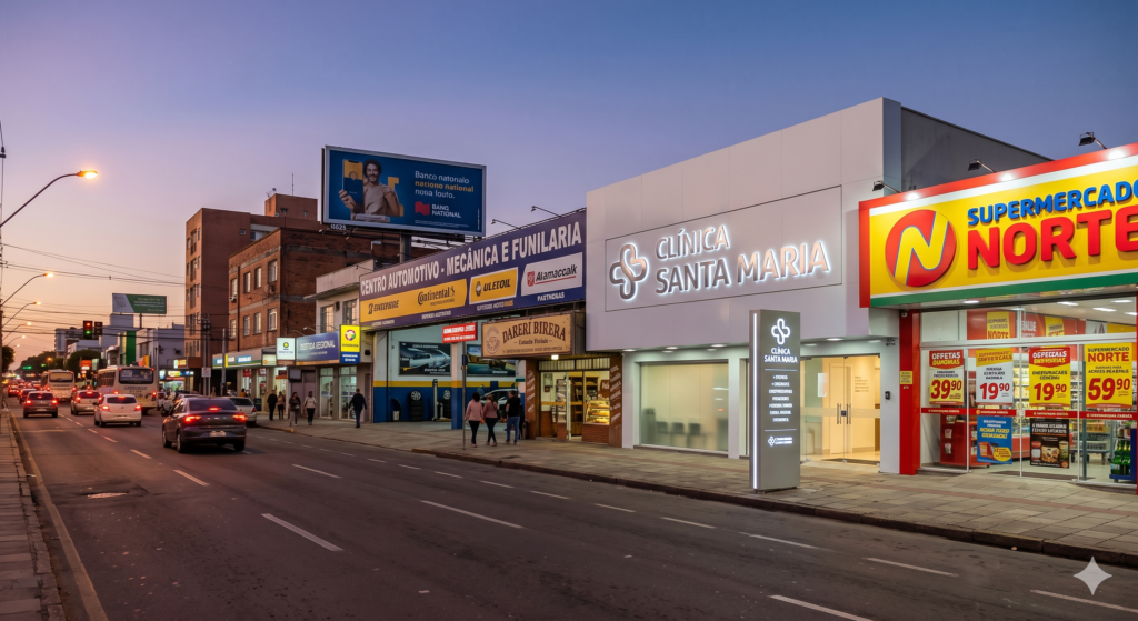 Colagem fotográfica colorida mostrando fachadas de comércios e ruas de Porto Alegre sob um céu de pôr do sol. À esquerda, uma fachada elegante com letreiro dourado escrito 'Moinhos Fine Dining' e uma loja popular com o nome 'Centro Variedades'. No centro, letreiros luminosos dos bares da 'Cidade Baixa' e uma avenida com carros. À direita, tapumes de obra com anúncios e uma fachada de prestação de serviços. Ao fundo, a silhueta da Usina do Gasômetro e o Lago Guaíba.