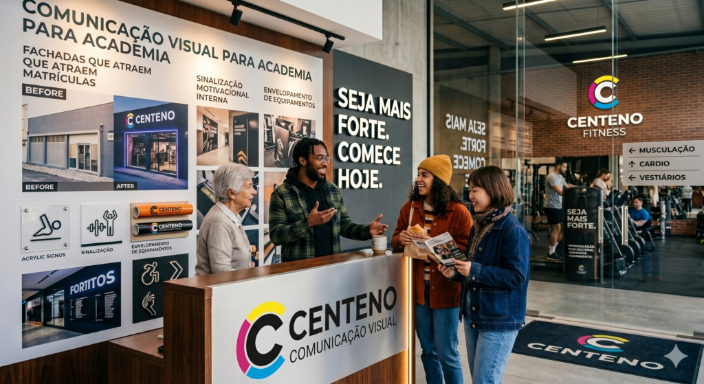 Interior da recepção de uma academia de ginástica integrada ao showroom da Centeno Comunicação Visual. Atrás do balcão de madeira, um homem e uma mulher da equipe conversam cordialmente com duas clientes. No balcão, destaca-se o letreiro da "CENTENO COMUNICAÇÃO VISUAL" com o logotipo em semicírculos coloridos (rosa, amarelo e ciano). À esquerda, um grande painel exibe exemplos de serviços para academias, como fotos de antes e depois de fachadas, placas de acrílico e rolos de adesivo para envelopamento de equipamentos. Ao fundo, através de uma grande parede de vidro com sinalização interna indicando as áreas de "Musculação", "Cardio" e "Vestiários", é possível ver a área de treino da academia com a marca "CENTENO FITNESS" iluminada na parede de tijolos. Na parede preta central, lê-se a frase motivacional em letras brancas: "SEJA MAIS FORTE. COMECE HOJE."
