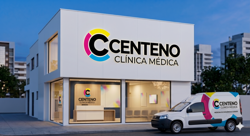 Exterior de uma clínica médica moderna de dois andares com fachada branca, ao entardecer. No letreiro principal, um logotipo tridimensional composto por segmentos coloridos (rosa, amarelo, ciano) formando a letra 'C' com a borda preta, seguido do nome 'CENTENO' em letras pretas grandes e 'CLÍNICA MÉDICA' em letras menores abaixo. À direita, uma van branca de serviço com o mesmo logotipo e informações de contato 'CENTENO CLÍNICA MÉDICA'. Através das grandes janelas de vidro do térreo, vê-se uma recepção organizada com balcão de madeira e cadeiras de espera.