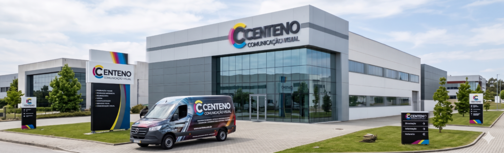 Fachada moderna da empresa Centeno Comunicação Visual com letras caixa e painel em ACM cinza. Em frente ao prédio espelhado, há uma van envelopada com o logotipo da marca e totens de sinalização externa.