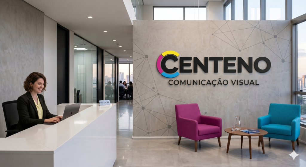 Recepção moderna de escritório com uma recepcionista sorridente sentada atrás de um balcão branco com notebook. Ao fundo, uma parede de cimento queimado exibe o logotipo tridimensional da Centeno Comunicação Visual em letras pretas e um ícone circular nas cores amarelo, magenta e azul ciano. À direita, duas poltronas coloridas (uma magenta e uma azul ciano) e uma mesa de centro de madeira completam a sala de espera.