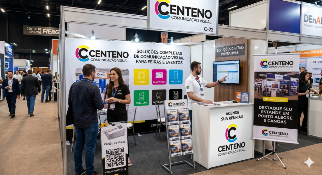 Estande da Centeno Comunicação Visual em uma feira corporativa de negócios no Centro de Eventos FIERGS. No estande branco com detalhes em azul e preto, há painéis e banners promocionais com o logotipo da marca em formato de semicírculo nas cores magenta, amarelo e ciano. Uma funcionária conversa com um cliente na entrada, enquanto outro colaborador aponta para uma tela de soluções digitais ao fundo.