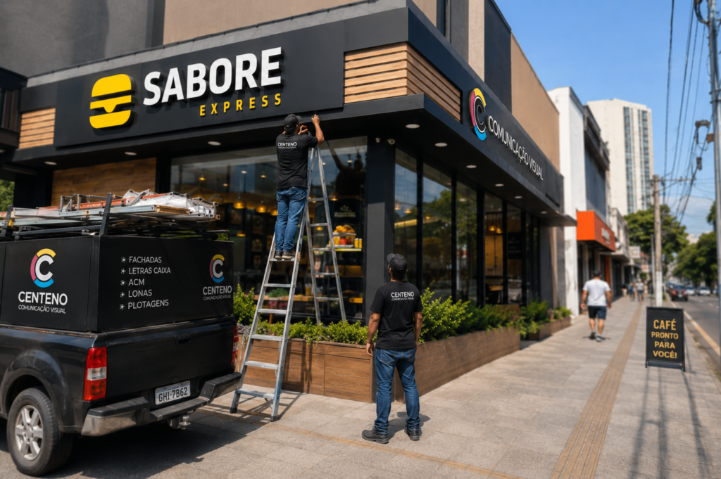 Dois instaladores da Centeno Comunicação Visual com uniforme preto trabalhando na fachada de uma franquia de alimentação chamada "Sabore Express". Um profissional está no topo de uma escada de alumínio ajustando o letreiro em letra caixa iluminada sob o painel de ACM preto, enquanto o outro supervisiona da calçada. Em primeiro plano à esquerda, destaca-se a traseira de uma caminhonete de trabalho preta com o logotipo da Centeno nas cores CMYK e uma lista de serviços: Fachadas, Letras Caixa, ACM, Lonas e Plotagens.