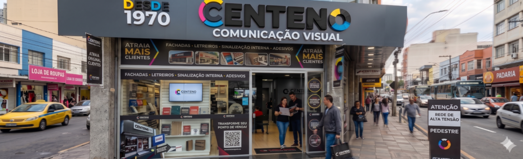Fachada moderna da empresa Centeno Comunicação Visual em uma rua movimentada. O letreiro principal em fundo grafite destaca a palavra CENTENO com detalhes nas cores CMYK (azul, magenta, amarelo e preto). A vitrine de vidro exibe adesivos promocionais, mostruários internos e uma TV corporativa, com pedestres caminhando pela calçada em frente.