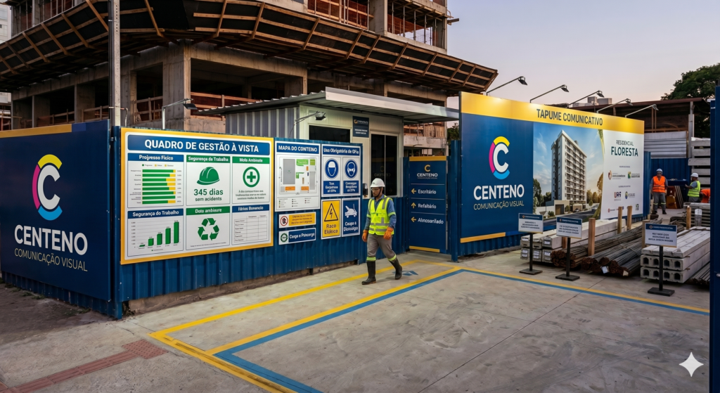 Canteiro de obras organizado com tapumes azuis e amarelos da Centeno Comunicação Visual, exibindo quadros de gestão à vista, mapas do canteiro e sinalizações de segurança.