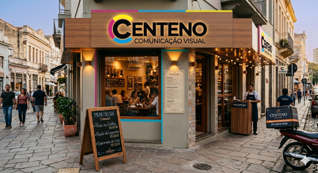 Fachada de um restaurante de esquina à noite, em uma rua de paralelepípedos com arquitetura histórica. O letreiro principal é feito de madeira escura com iluminação embutida (backlit) que destaca o logotipo da marca: uma letra 'C' estilizada com as cores rosa, amarelo e ciano, seguida pela palavra 'CENTENO' em letras pretas grandes e 'COMUNICAÇÃO VISUAL' logo abaixo. À esquerda, um cavalete de madeira exibe o cardápio de giz ("Menu do Dia"). Na calçada iluminada, pedestres caminham e um funcionário da recepção aguarda próximo à entrada do restaurante, que possui grandes janelas de vidro revelando um interior aconchegante com clientes jantando. À direita, uma moto de delivery estacionada exibe uma caixa preta com a marca Centeno.