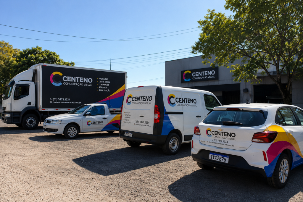 Frota de veículos envelopados da empresa Centeno Comunicação Visual estacionados em frente à sede em Canoas. Alinhados estão um caminhão baú, uma picape leve, uma van furgão e um carro de passeio, todos exibindo a identidade visual padronizada da marca com logotipo colorido, telefone e serviços oferecidos.