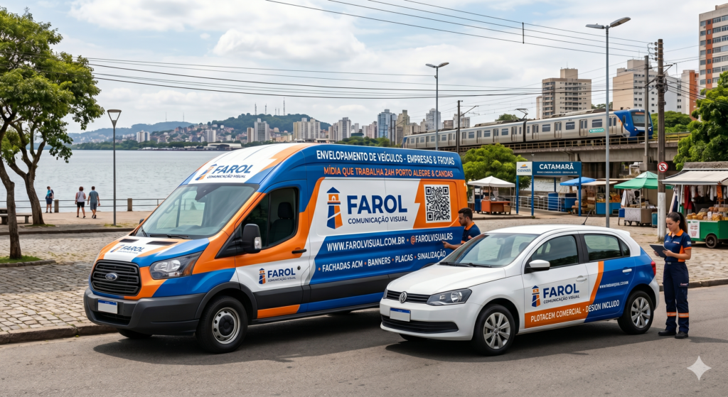 Uma van Ford e um carro de passeio Volkswagen envelopados com a identidade visual nas cores azul, laranja e branca da "Farol Comunicação Visual", estacionados em uma rua de Porto Alegre com o Rio Guaíba e um trem ao fundo.