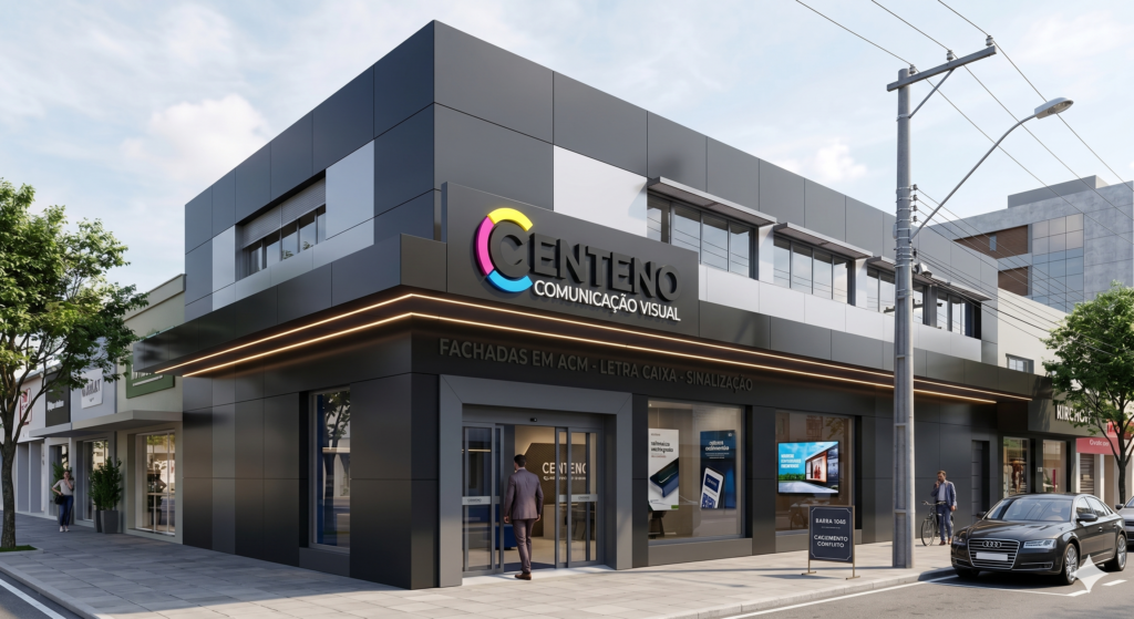 Perspectiva digital de uma fachada comercial moderna feita com placas de ACM na cor preto grafite. No topo da estrutura, destaca-se o logotipo da Centeno Comunicação Visual com letras em relevo e um arco colorido nas cores ciano, magenta e amarelo. A fachada possui portas de vidro automáticas e grandes vitrines térreas.