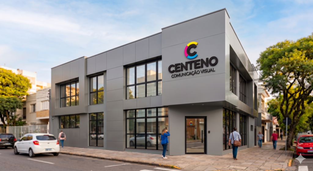 Fachada comercial moderna e minimalista revestida inteiramente com placas de ACM em tom cinza escuro neutro. No topo do painel principal, destaca-se o logotipo tridimensional da Centeno Comunicação Visual, onde o símbolo em formato de 'C' exibe as cores vibrantes amarelo, rosa e azul, contrastando com o letreiro preto em relevo escrito 'CENTENO COMUNICAÇÃO VISUAL'. A calçada ao redor mostra pedestres caminhando e carros estacionados durante o dia.