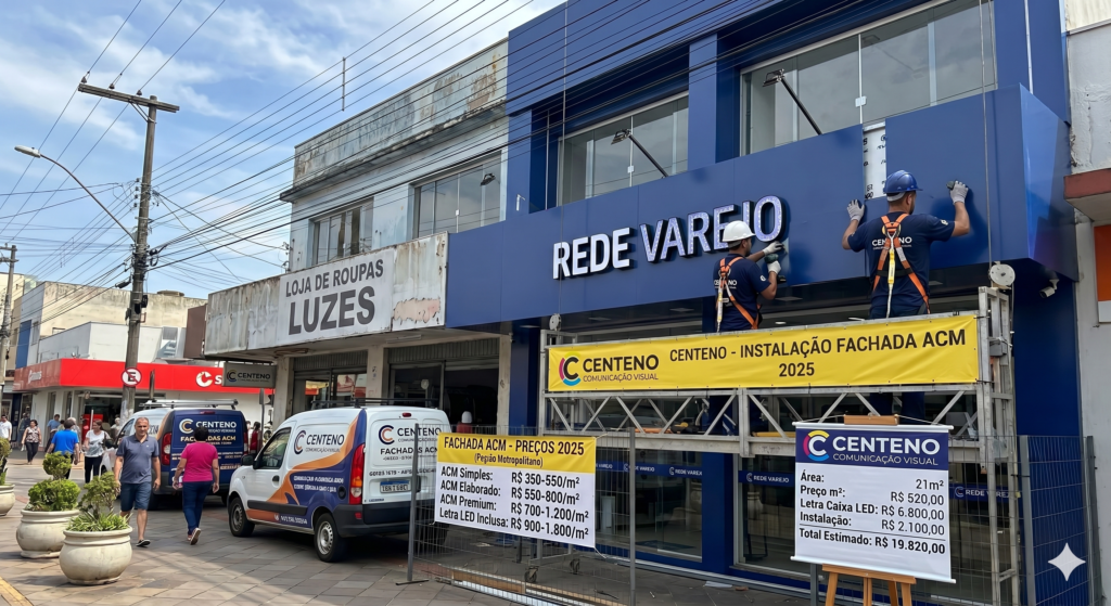 Fachada comercial de dois andares em estrutura de ACM azul escuro em Porto Alegre. No segundo andar, dois operários com capacete e cinto de segurança instalam letras em caixa iluminadas com o texto 'REDE VAREJO'. Na frente, há andaimes e placas informativas da empresa Centeno Comunicação Visual com tabelas de preços por metro quadrado.