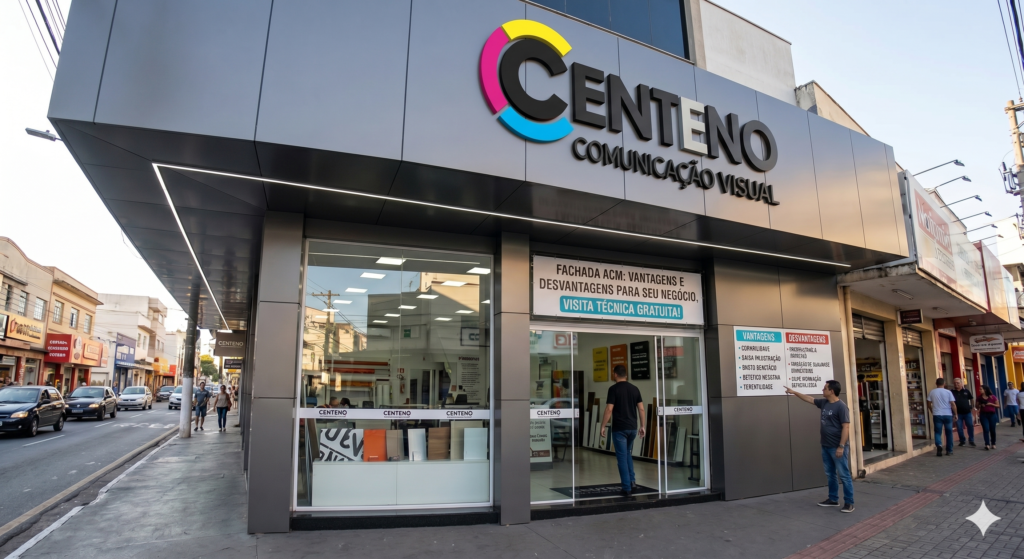 Foto da fachada comercial da Centeno Comunicação Visual instalada em uma esquina. A estrutura é moderna, revestida com placas de ACM cinza escuro e iluminação em fita de LED embutida. No topo da fachada, destaca-se o logotipo da empresa com a palavra 'CENTENO' em letras escuras e o símbolo circular nas cores do padrão CMYK (ciano, magenta e amarelo), seguido pelas palavras 'COMUNICAÇÃO VISUAL'. Na calçada, há dois homens de costas observando um painel informativo fixado na parede com as vantagens e desvantagens da fachada em ACM.