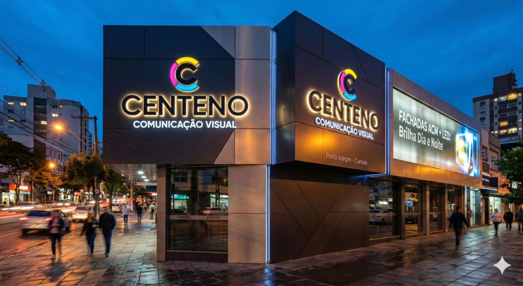 Fachada comercial moderna e noturna da Centeno Comunicação Visual feita em painéis de ACM grafite escuro e detalhes em aço escovado. Letreiros em caixa alta com o nome "CENTENO COMUNICAÇÃO VISUAL" acendem com iluminação LED amarela quente (backlit). O logotipo em formato de "C" exibe cores vibrantes em amarelo, rosa e azul nas bordas, com o centro preto, todo contornado por luz. À direita, há um grande painel luminoso com o texto "FACHADAS ACM + LED: Brilha Dia e Noite". A rua ao redor está molhada pelo reflexo das luzes urbanas e o céu ao fundo está em tom azul-escuro de início de noite.