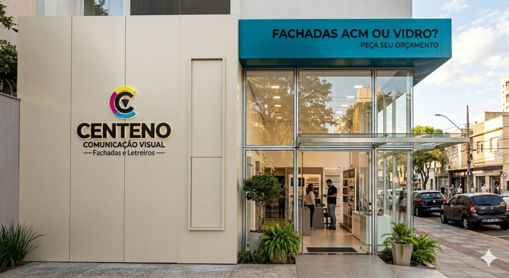 Fachada moderna de uma loja da Centeno Comunicação Visual. À esquerda, uma parede bege claro exibe o novo logotipo iluminado em relevo nas cores CMYK (rosa, amarelo, azul e preto). À direita, uma estrutura de vidro transparente mostra o interior iluminado do showroom com clientes e funcionários. No topo do vidro, há um painel em ACM azul-turquesa com a frase "FACHADAS ACM OU VIDRO? PEÇA SEU ORÇAMENTO