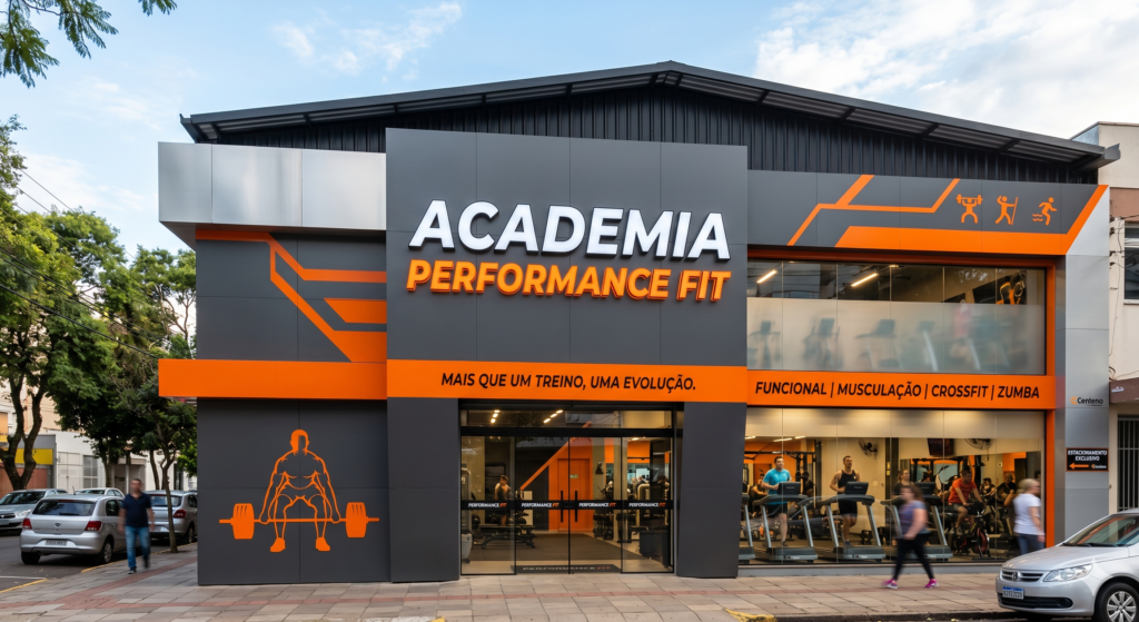 Fotografia da fachada de uma academia de dois andares revestida com painéis de ACM cinza escuro e detalhes geométricos em laranja vibrante. No centro, o letreiro luminoso exibe 'ACADEMIA PERFORMANCE FIT'. À direita, grandes vitrines de vidro revelam a área de treino com esteiras e alunos se exercitando.