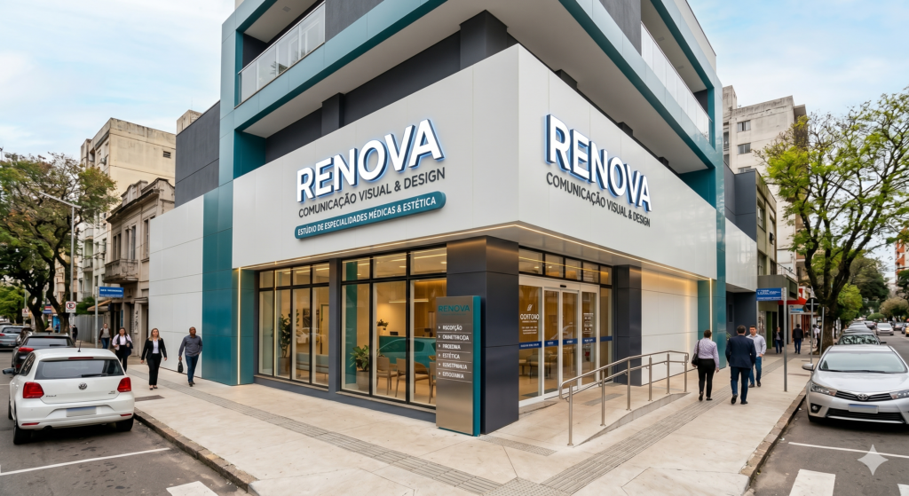 Fotografia da fachada de uma clínica de esquina revestida com painéis de ACM branco neve e detalhes em azul petróleo. O letreiro principal traz o nome 'RENOVA' em letras caixa azuis com iluminação LED. A entrada possui portas de vidro automáticas, uma rampa de acessibilidade com corrimão e um totem informativo na calçada indicando as especialidades.