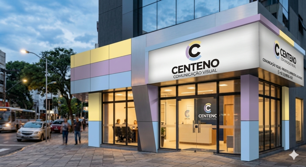 Fachada moderna de um escritório comercial reformulada com a identidade visual da Centeno Comunicação Visual. A estrutura em ACM traz painéis decorativos geométricos em tons pastéis suaves de amarelo, rosa e azul. Na placa principal branca e iluminada, destaca-se o logotipo redondo preto com detalhes coloridos e o texto 'CENTENO COMUNICAÇÃO VISUAL'. A imagem exibe a entrada de vidro do escritório ao entardecer, com iluminação interna aconchegante.