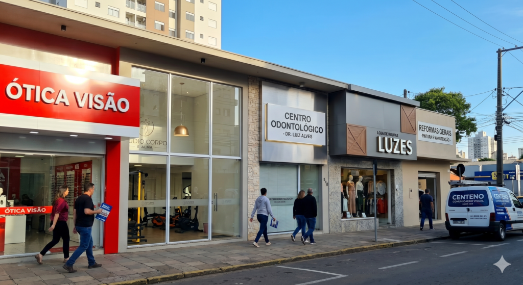 Fachada de uma galeria comercial na calçada com vários estabelecimentos comerciais lado a lado, exibindo diferentes materiais de comunicação visual como ACM, vidro, letreiros iluminados e detalhes em pedra. Um veículo de serviço da empresa Centeno Comunicação Visual está estacionado à direita.