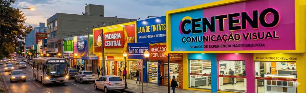 Fachada comercial moderna da Centeno Comunicação Visual na Avenida Guilherme Schell em Canoas. O painel da loja combina as cores ciano, magenta e amarelo do logotipo com uma moldura amarela iluminada. O letreiro principal traz a palavra CENTENO em letras caixa brancas com iluminação embutida. A calçada movimentada exibe pedestres e o trânsito local ao entardecer.