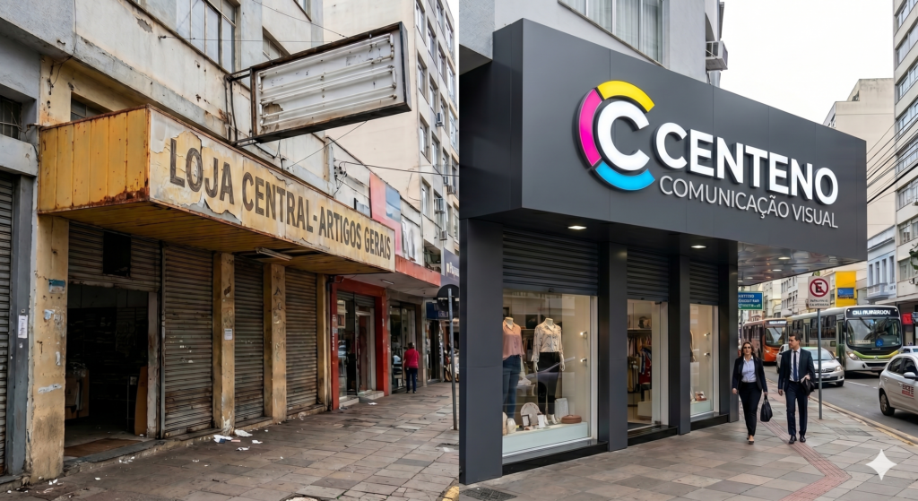 Imagem comparativa dividida ao meio mostrando o "antes e depois" da fachada de uma loja de rua. À esquerda, a antiga fachada "Loja Central" está deteriorada, suja, com toldo amarelo desgastado e estrutura enferrujada. À direita, a nova fachada revitalizada pela Centeno Comunicação Visual exibe um revestimento moderno em ACM grafite escuro, com letreiro luminoso branco escrito "LOJA CENTRAL MODA & CASA" e o logotipo circular colorido da Centeno.