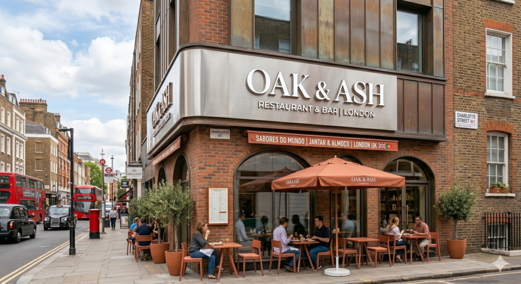 Fotografia da fachada de esquina do restaurante Oak & Ash, com paredes de tijolos aparentes e um grande letreiro curvo em ACM prata escovado. Na calçada, há mesas de madeira sob ombrelones terracota com clientes almoçando, além de vasos com oliveiras decorativas.